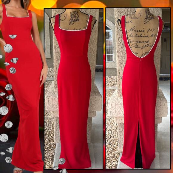 Lulus Timeless Poise Red Rhinestone Square Neck Backless Maxi Dress Size S - Picture 1 of 12